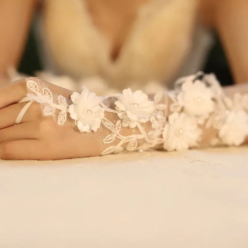 Guantes De novia cortos De encaje blanco sin dedos flores hechas a mano accesorios De boda Veu De Noiva