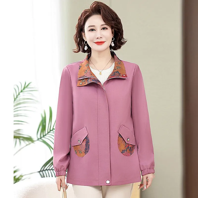 2025 New Short Windbreaker Jacket Female Spring Autumn Trench Coat Large Size Fashion Outerwear Middle-Aged Elderly Women Tops