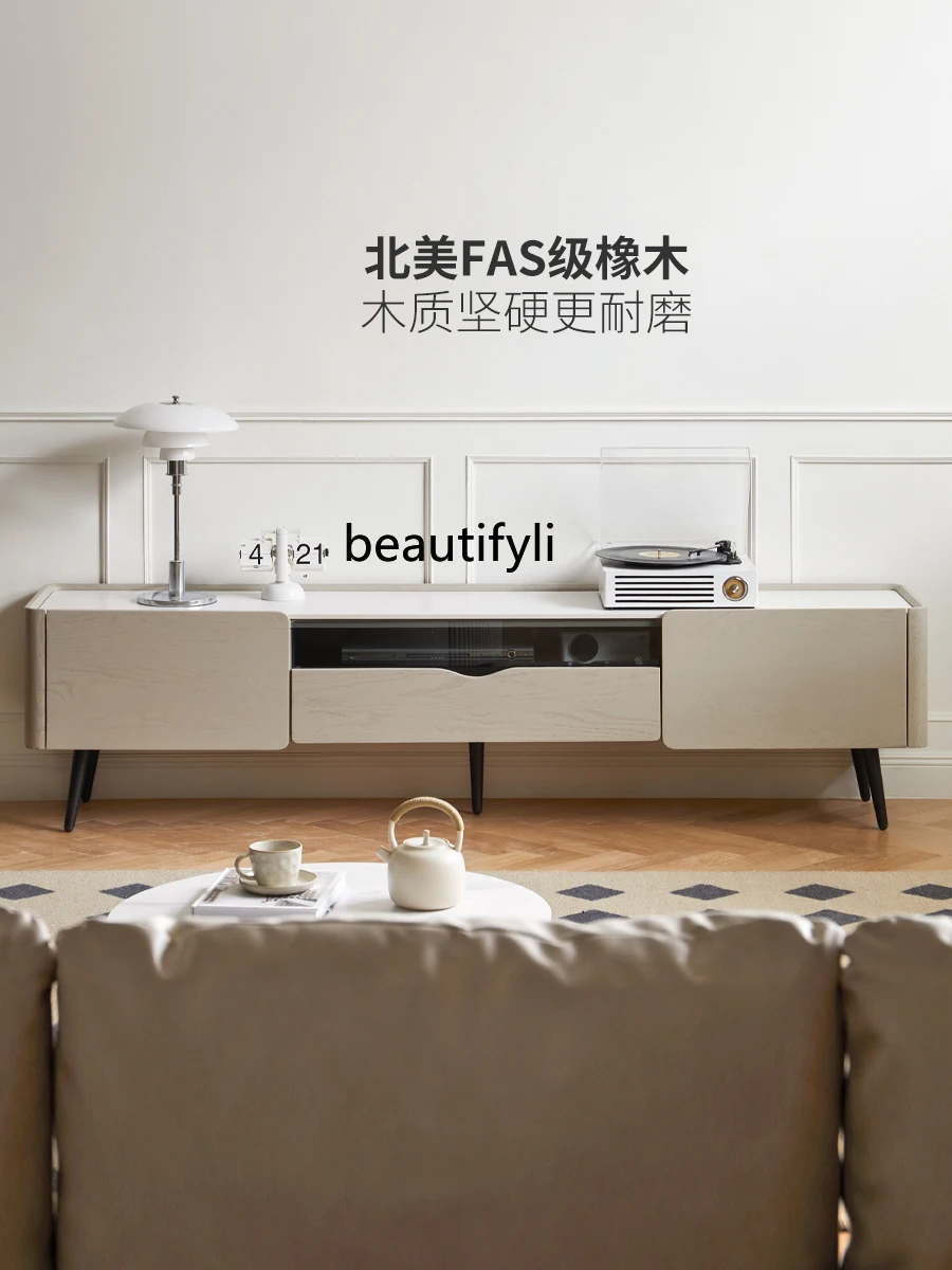 

2 yj15 Solid Wood TV Cabinet High-Leg Storage Cabinet Oak Living Room Light Luxury Stone Plate Floor Cabinet