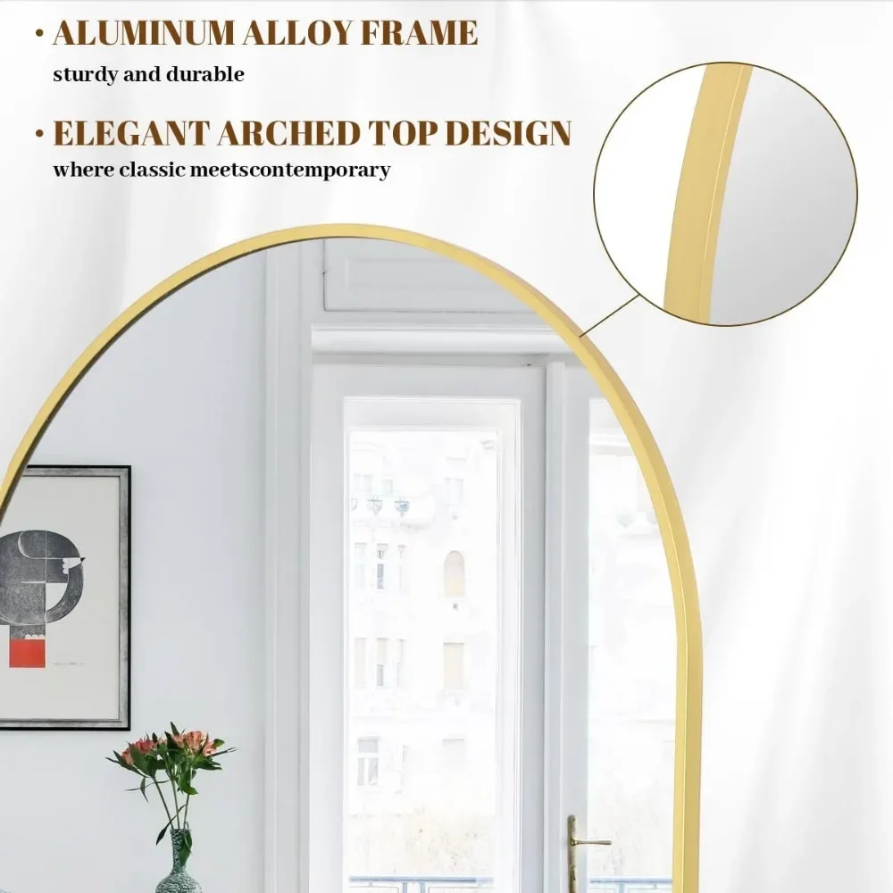 Miroir doré arqué avec cadre en alliage d'aluminium, pleine longueur, miroir sur pied, miroir complet Leauxhall, 64 po x 21 po