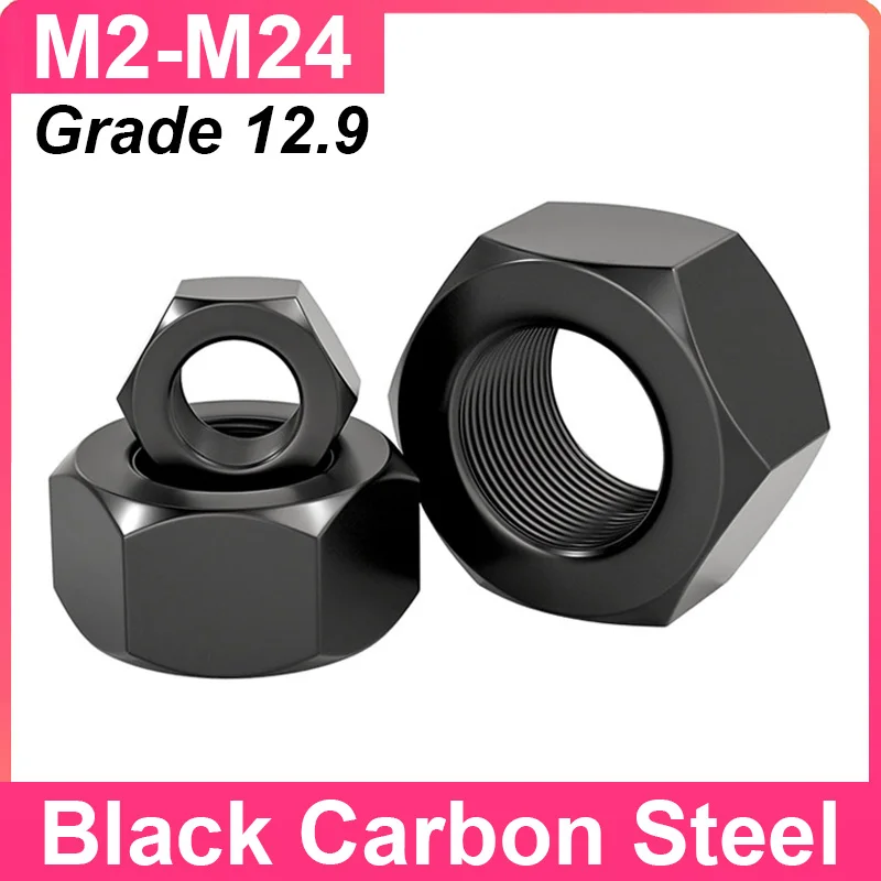 

M2 M2.5 M3 M4 M5 M6 M8 M10 M12 M14 M16 M18 M20 M22 M24 Hexagon Hex Nuts Grade 12.9 Black Carbon Steel Metric Hex Nuts for Bolts