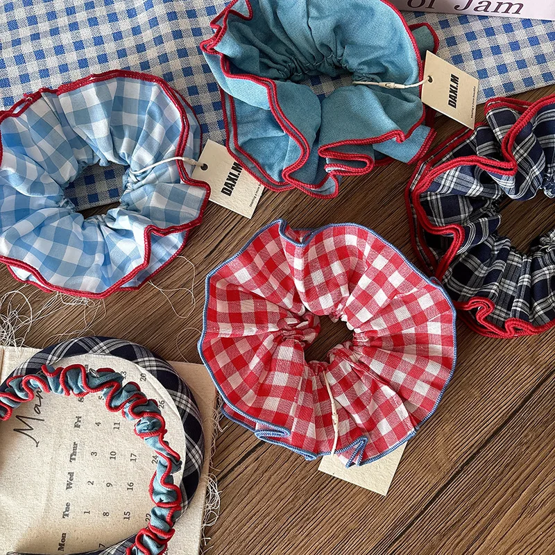 إكسسوار شعر كاواي كبير الحجم Scrunchie Tartan طبقة مزدوجة حامل ذيل حصان Preppy Chic بدون زلة للاستخدام اليومي للمراهقين