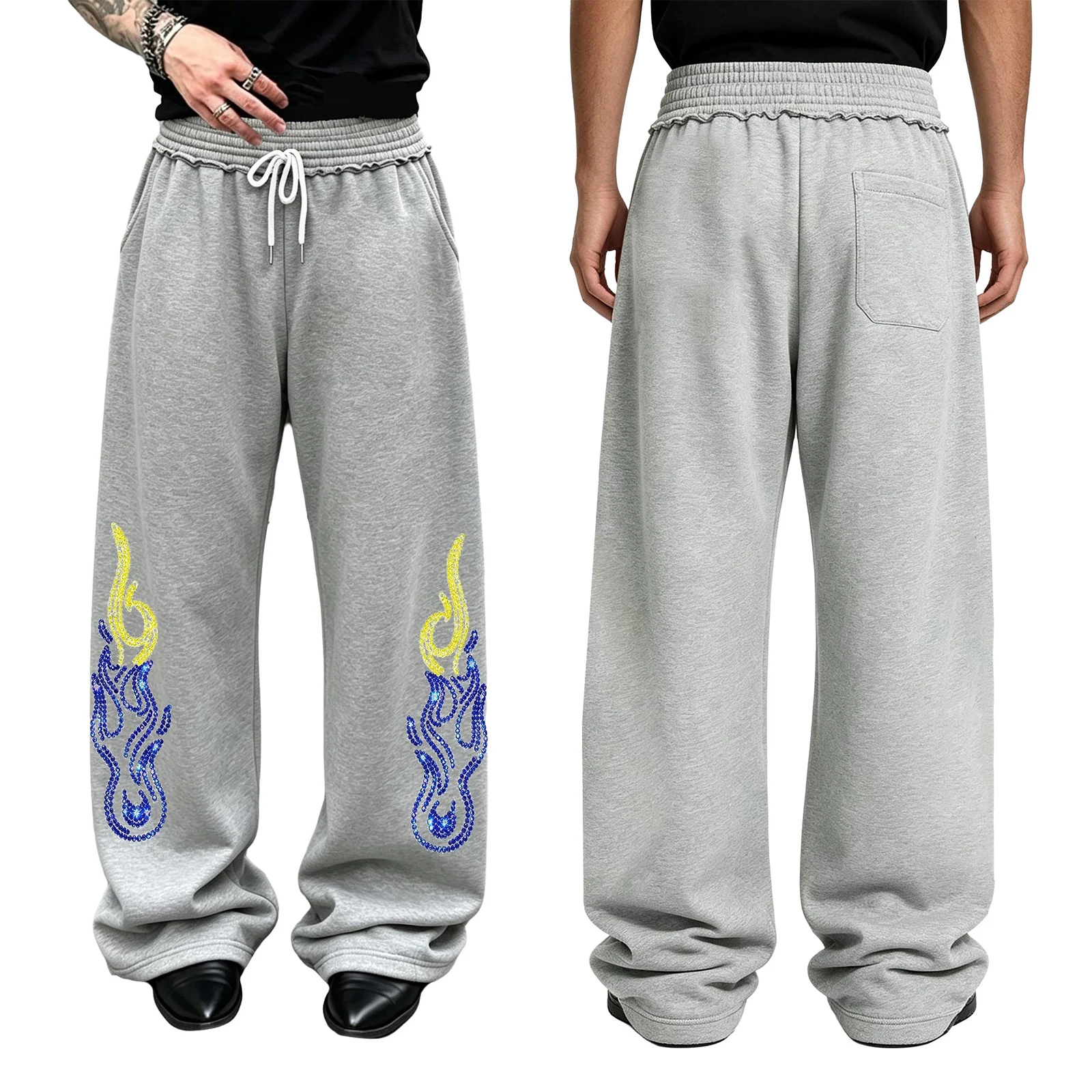 Adult Drawstring Pants with Shiny Rhinestones Elastic Waist Trousers with Pockets for Hip-hop Jazz Training Jogging