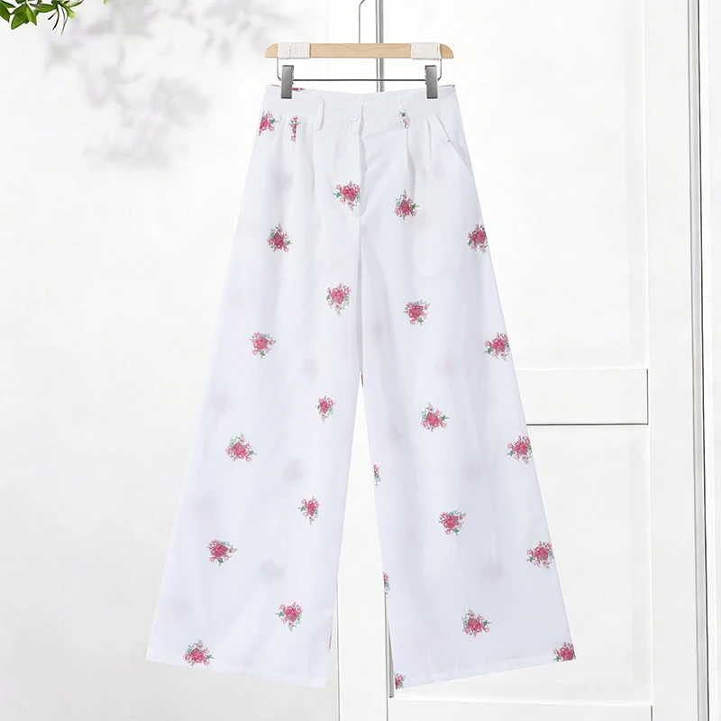 Neues Herbst-Set 2026: Schickes Blumenmuster-Hosen-Set für Damen – schmales Sling-Top, Camisole, weit geschnittene lange Hose und Jacke mit Revers und langen Ärmeln – Detail 5