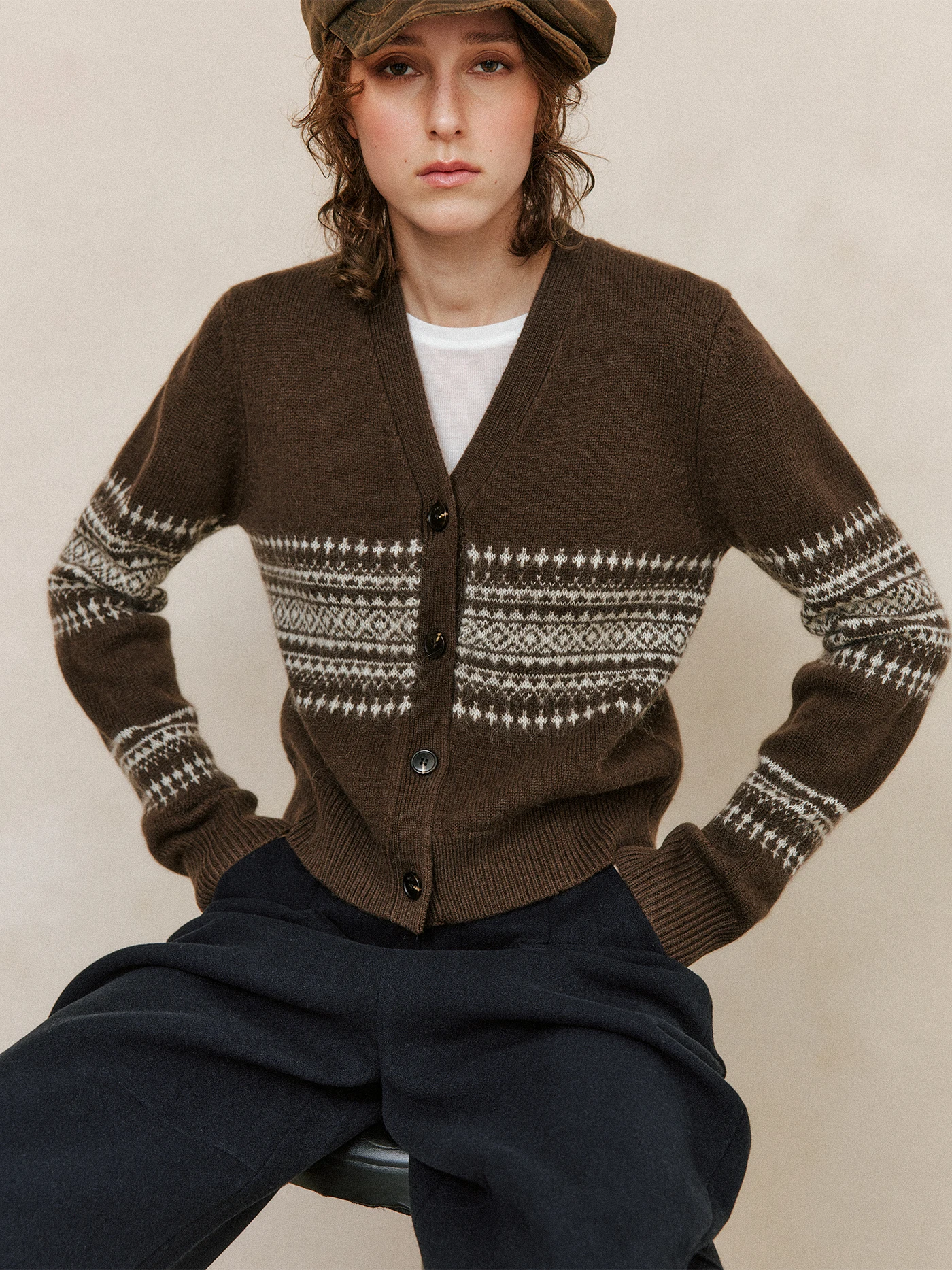 

Classic Versatile Knitted Wool Yak Hair V-Ne Fair Isle Pattern Camere Sweater Cardigan Soft Long Sve Women's Faion