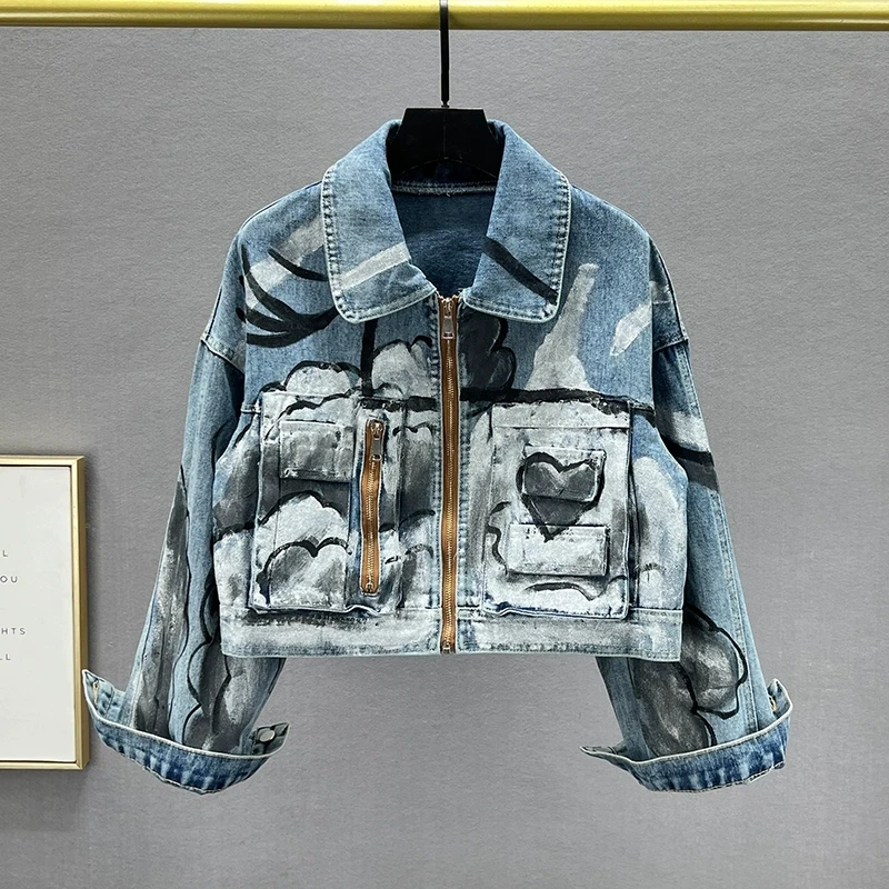 

Streetwear Fashion Hand-Painted Graffiti Printing Short Denim Jacket Autumn New Big Pocket Lapel Zipper Female Jeans Jacket Coat