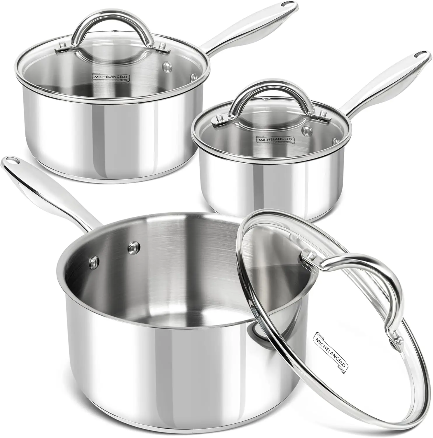 

6-Piece Stainless Steel Saucepan Set with Lids, Tri-Ply Bottom, Induction Compatible, 1QT/2QT/3QT Sizes