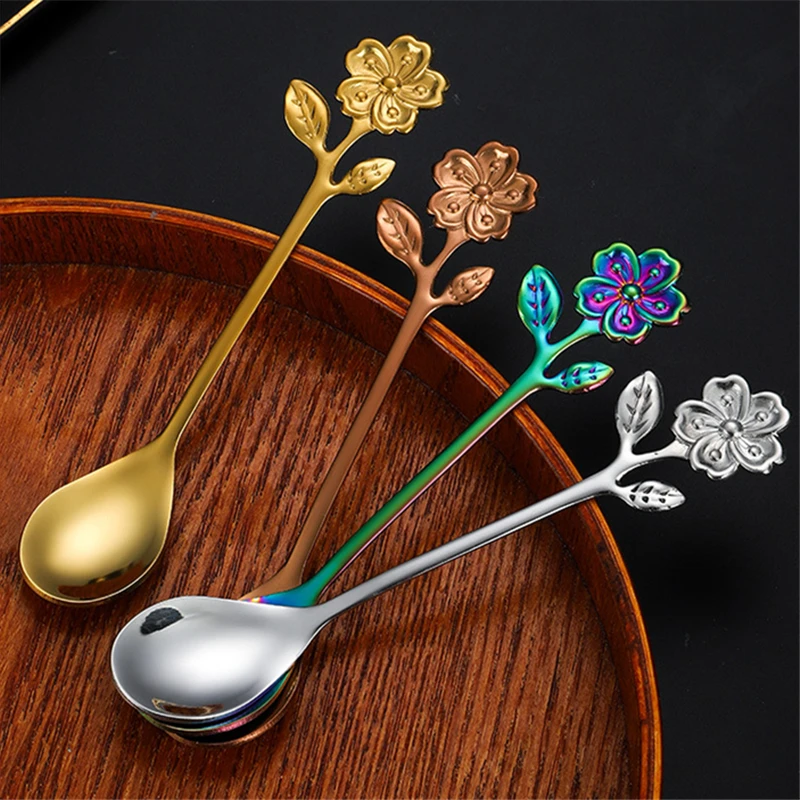 Flower 304 Stainless Steel Tea Spoon Coffee Spoons Beauty Dessert Shovel Table Decorative Items High Temperature Resistance