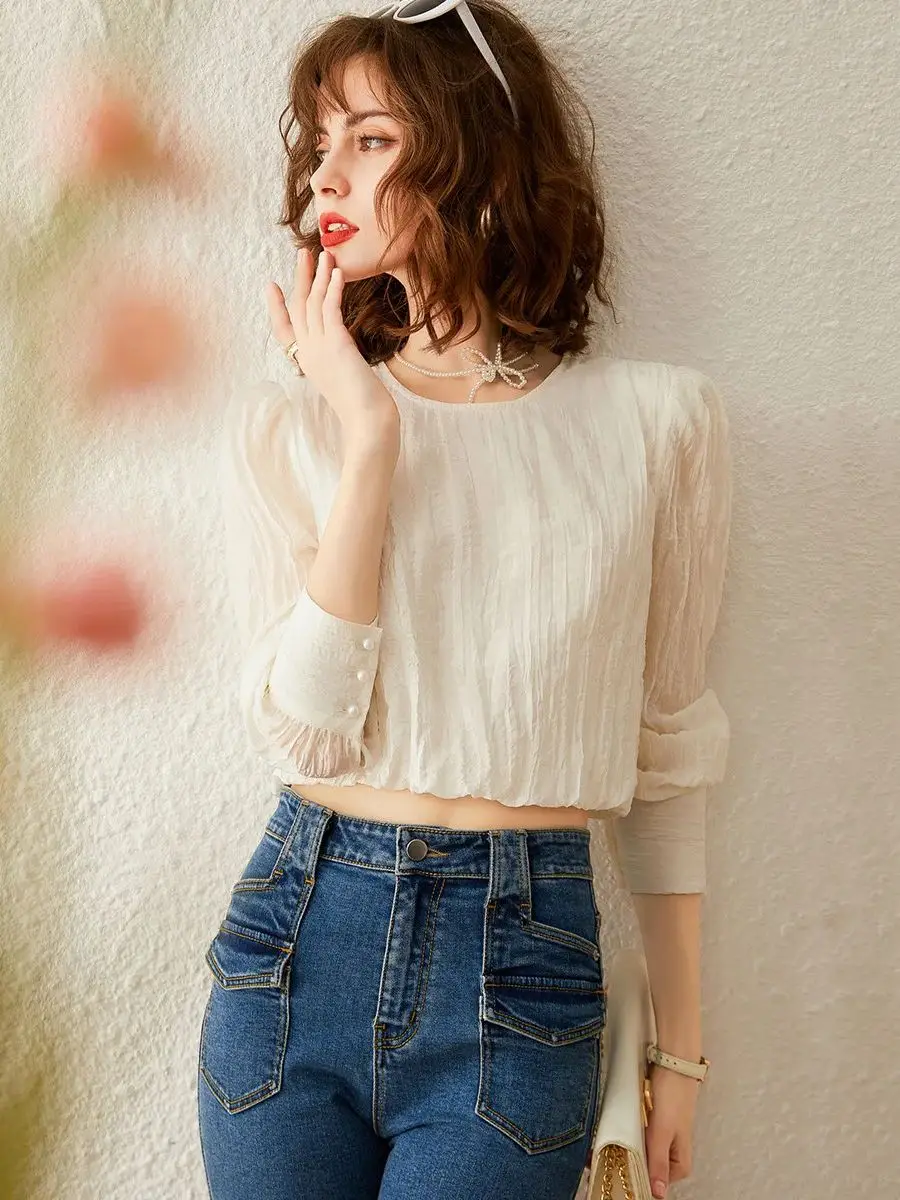 LOUIS YAO Women Shirt 2024 Spring New Round Neck Long Sleeve Short Blouses Puff Sleeve Casual Pullover Women\'s Top