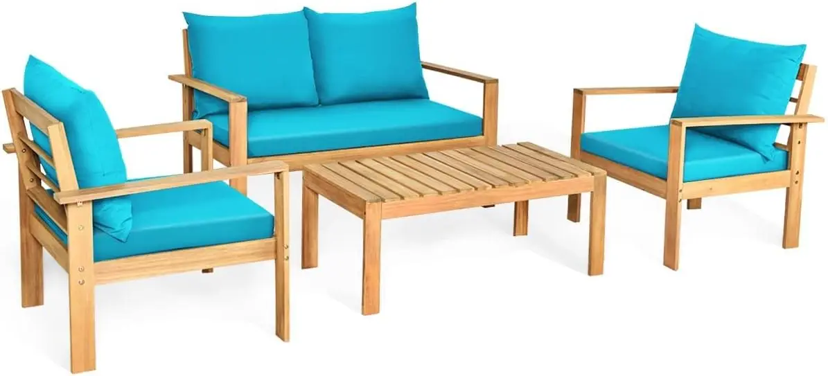 

4 Pieces Outdoor Furniture Set Furniture Set Wood Sofa Table Set with Cushions, Acacia Wood Chairs & Coffee Table