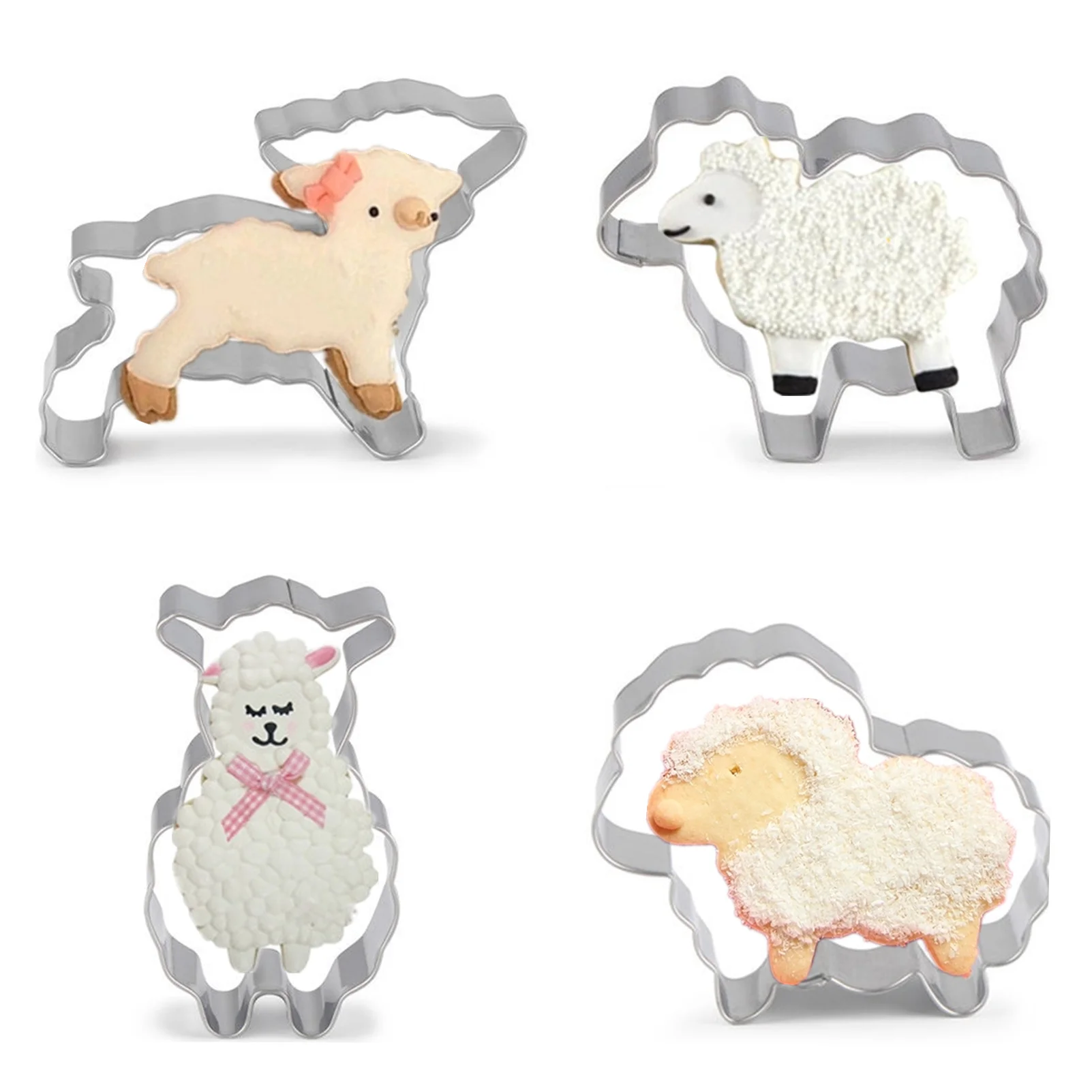 Stainless Steel Sheep Shaped Cookie Cutters Set of 4 PCS, Lamb Shapes Pastry Biscuit Cake Fondant Molds for Baking DIY