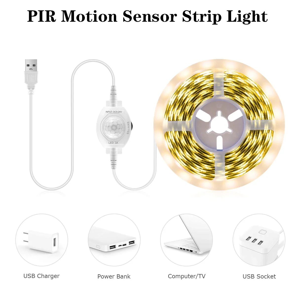 5V USB Powered LED Strip Light With PIR Motion Sensor Delay Time Adjustable Auto ON/OFF For Cabinet Bedside Closet Night Lightin