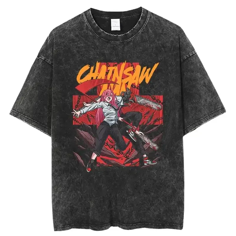 チェーンソーマンレトロチェーンソー Tシャツアニメシャツヴィンテージメンズ Tシャツ純粋な綿レジャースポーツ原宿夏新 2025