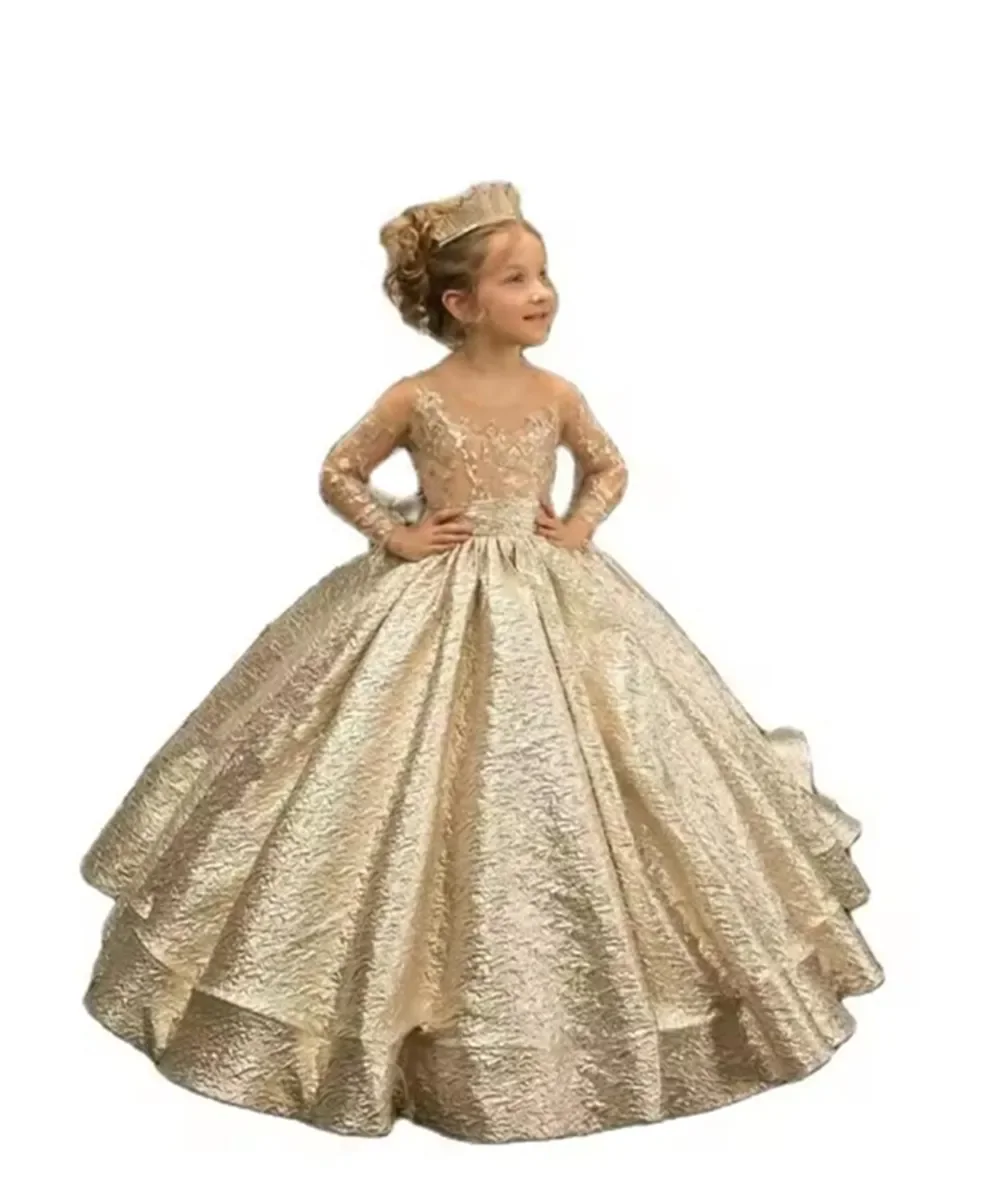 

Flower Girl Dresses2025 Gold Flower Girl Dress Fluffy With Bow Belt Little Princess Girl Prom Dress For Wedding Birthday Party C