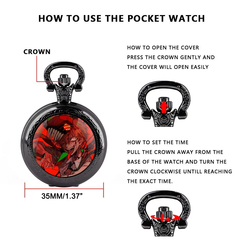 Chainsaw Man Glass Dome Pocket Watch with Chain Necklace Vintage Quartz Pendant Watches Mens Women Gift