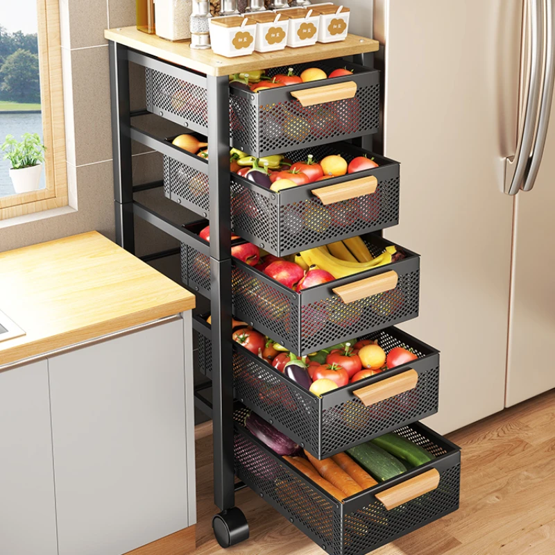 Kitchen shelves are free of installation with drawers for fruit