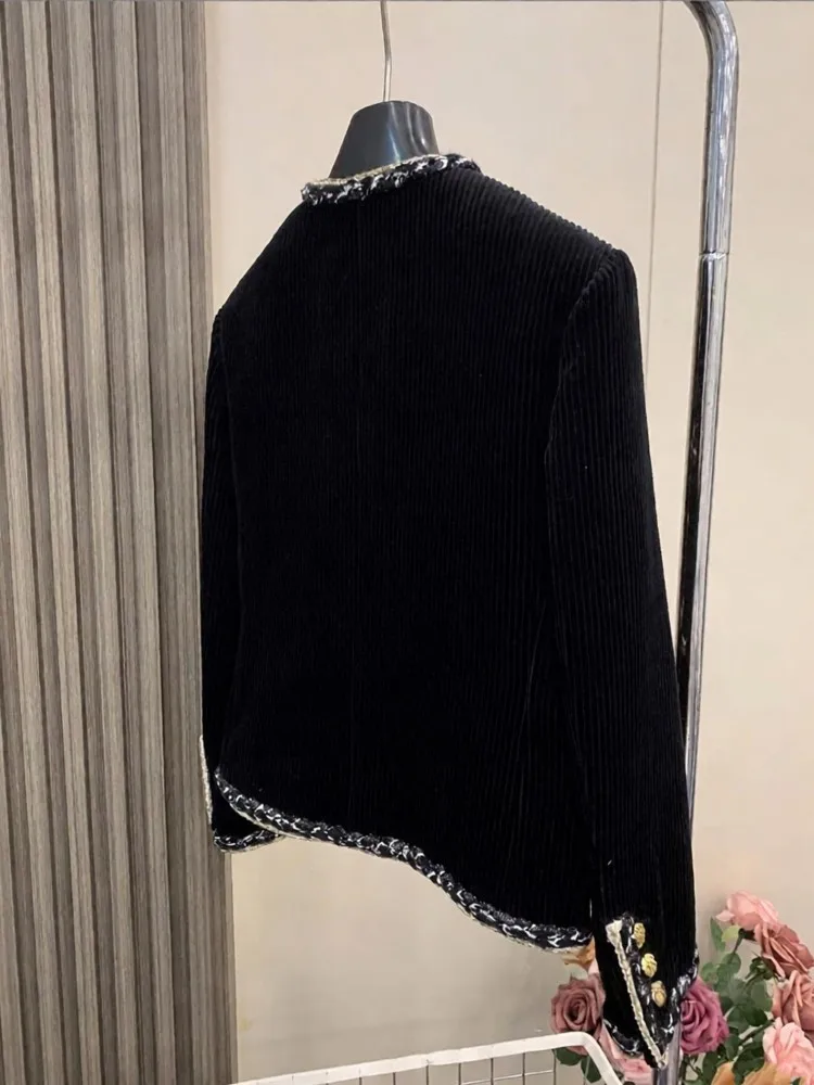 High Quality Women Corduroy Black Jacket O Neck Single Breasted Slim Outerwear New Spring Autumn Female Retro Long Sleeve Coat