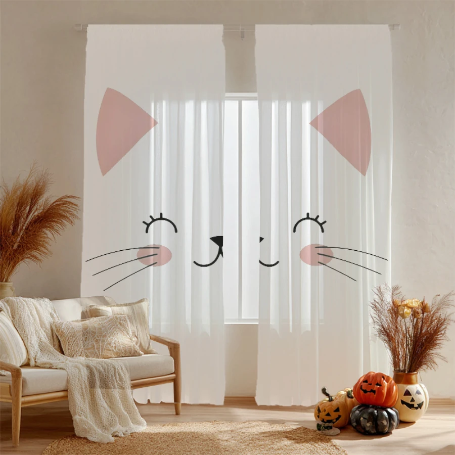 2PCS Digital Print Sheer Curtain, Beautiful Smiley Cat, Vintage Floral Window Curtains for Living Room Bedroom Home Decor - view 5