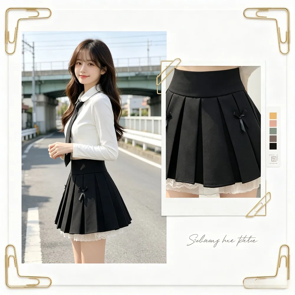 Women's College Style Bow Lace Pleated School Uniform Skirt,High‑Waist Spliced Anti‑Exposure Skirt for Student Campus Daily Wear
