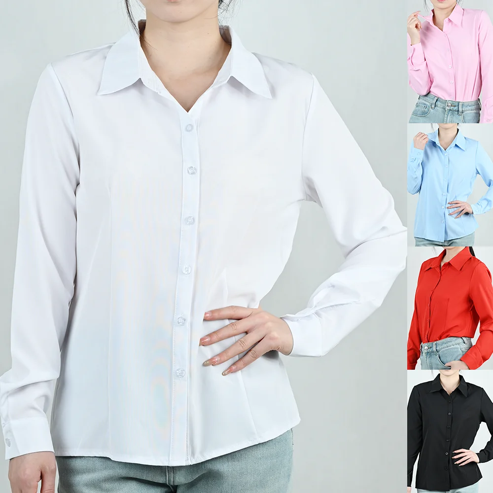 

Office Women's White Black Blouse Spring Autumn Lady Elegant Lapel Long Sleeve Shirt Casual Classic Solid Top Female Clothing
