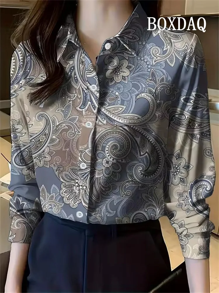 

New Spring And Summer Ladies Shirt Long-sleeved Lapel Design Cashew Flower Pattern 3D Printing Daily Style Elegant Fashion Shirt