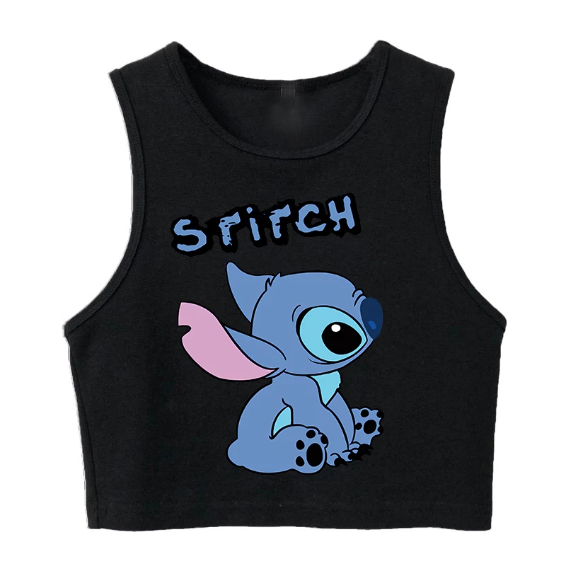 Colete bonito disney lilo stitch regata engraçado dos desenhos animados t camisa feminina ponto camiseta gráfica streetwear colheita topo t feminino