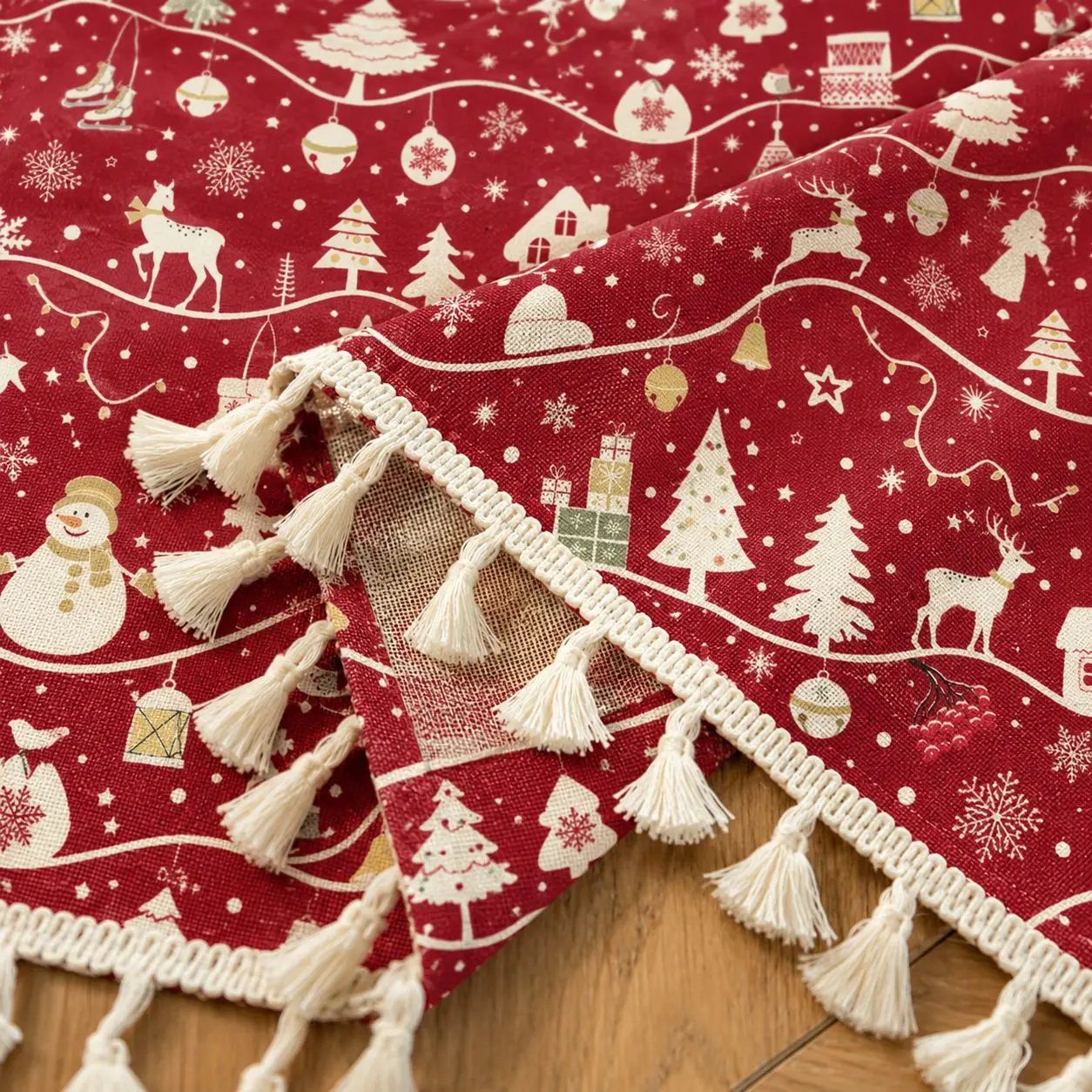1pc Christmas Snowman Reindeer Print Kitchen Curtains, Fringe Rod Pocket Coffee Curtain, Semi-Sheer Small Window Half Curtain