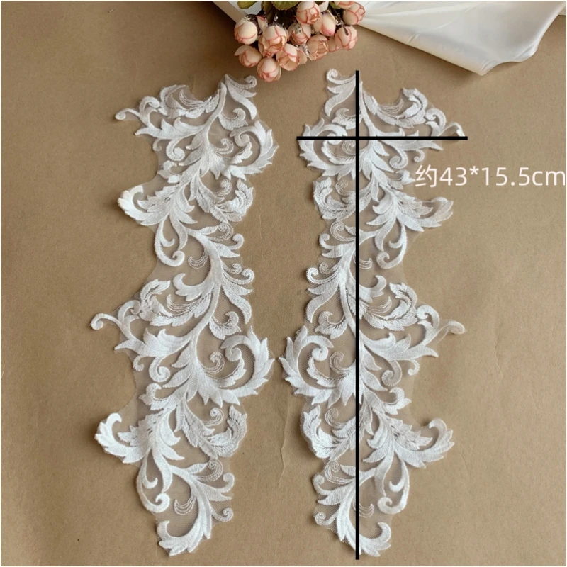 2 Paar handgenähte Stickerei-Spitzen im europäischen Stil, Spiegelblume, DIY-Hochzeitsschleier, Kleidungsdekoration, Weiß, 43x15,5cm – Detail 2