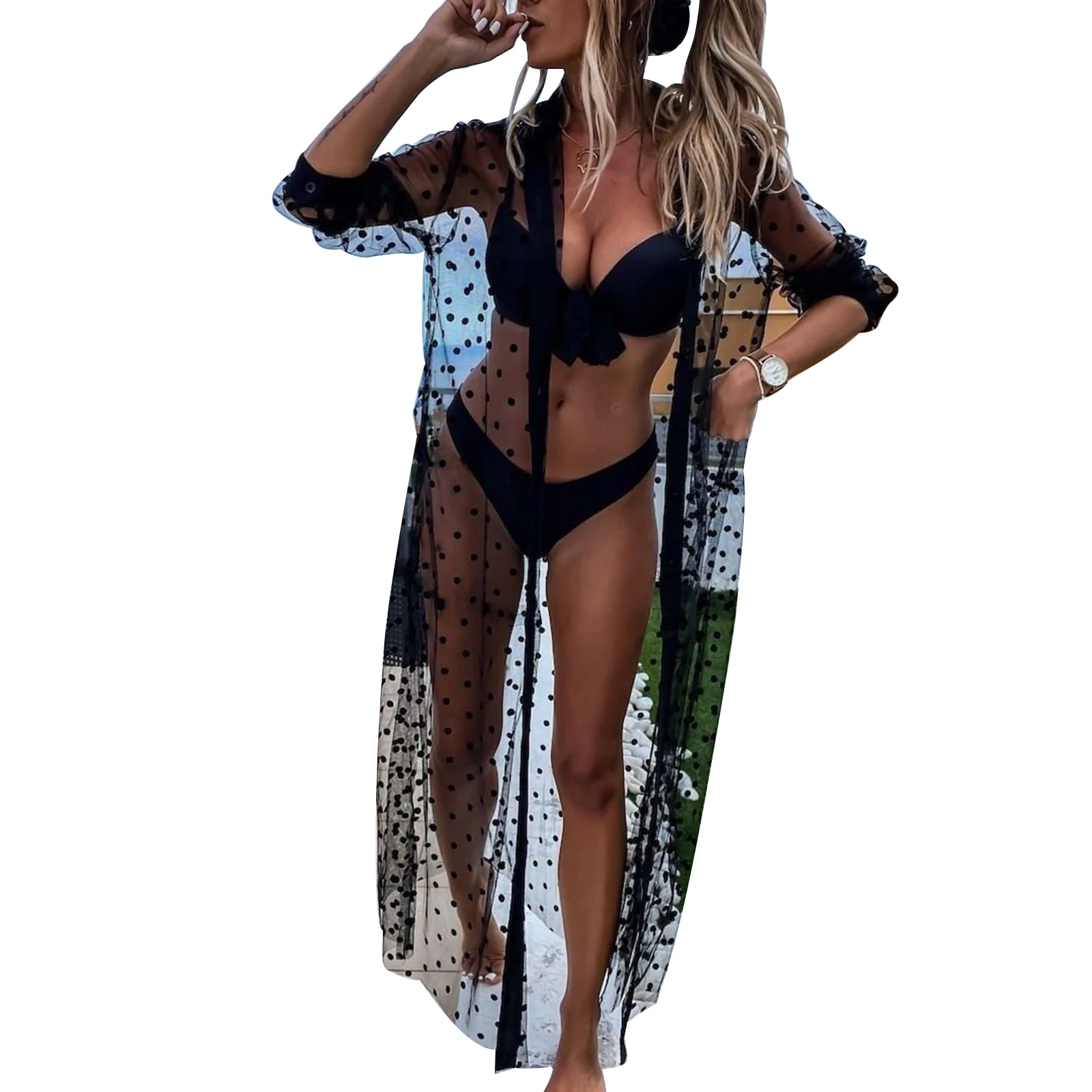 

Woman Loose Polka Dot Beach Smock Holiday Cover-up Sexy Lapel Long Sleeve Mesh Perspective Coat Daily Life and Vacation