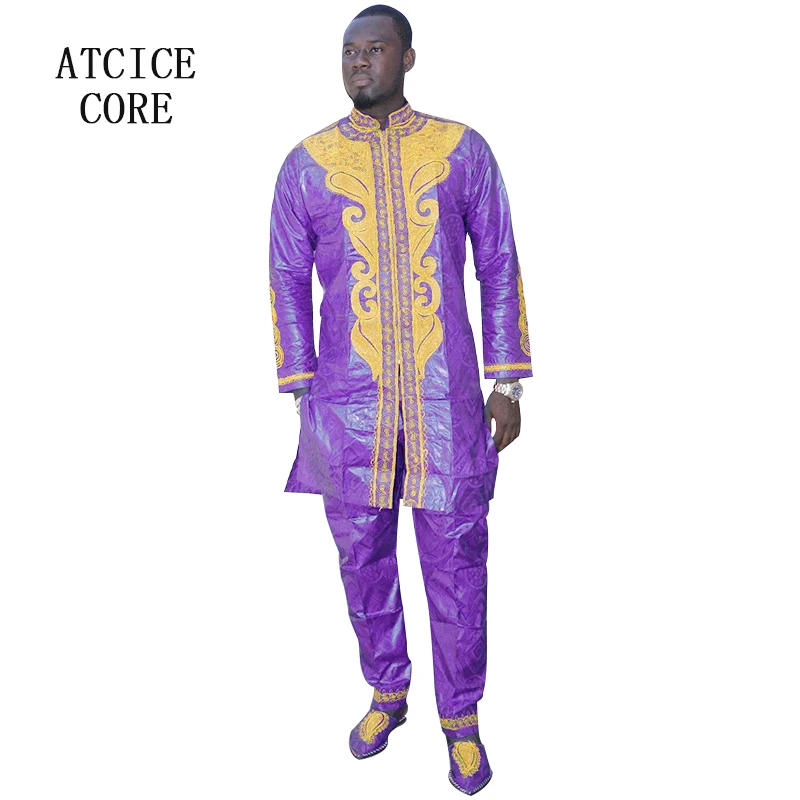 African Clothing For Men Traditional Bazin Riche Embroidery Design Top Long Sleeve 3 Piece Set