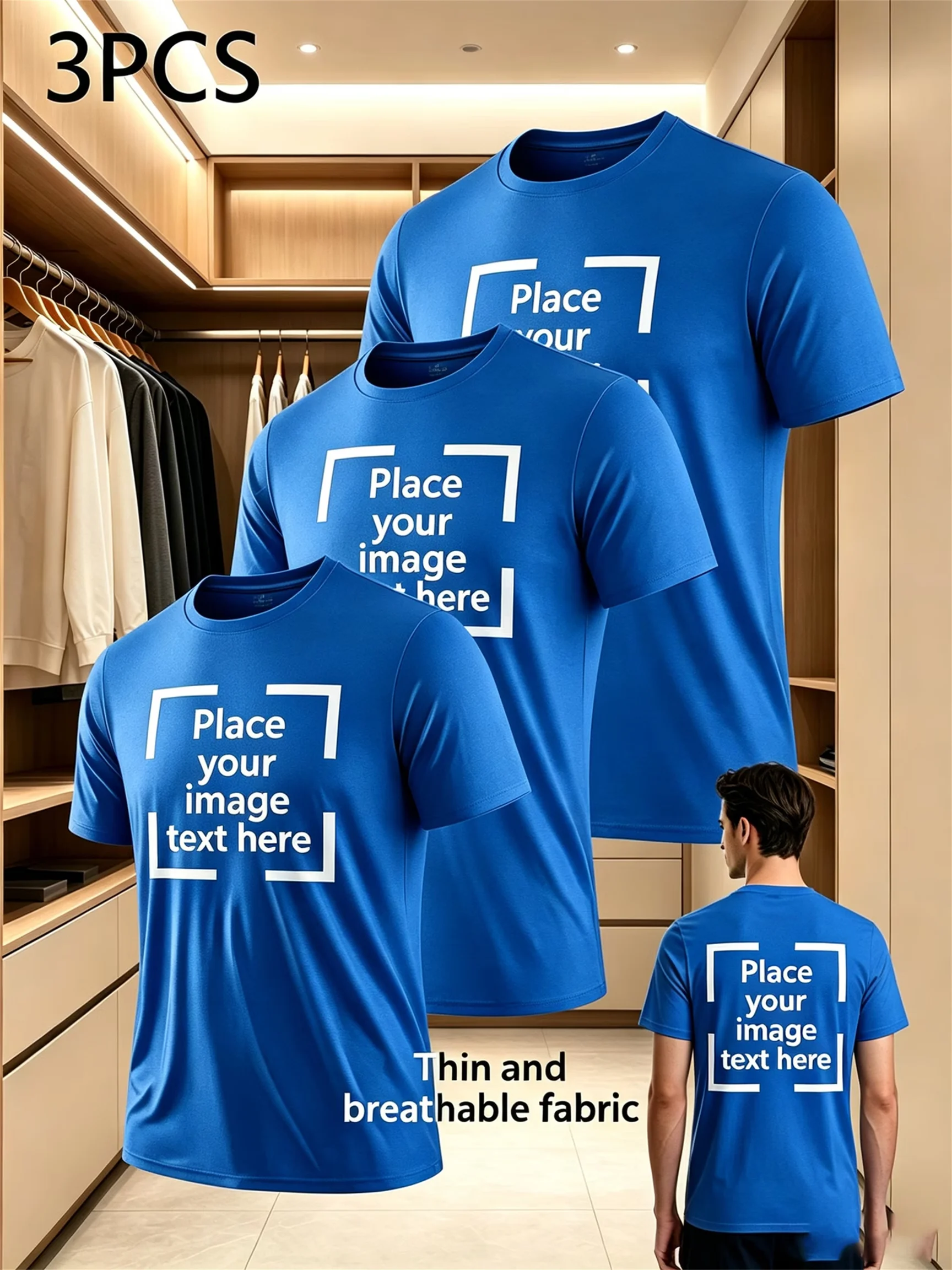 Customized 3-Piece Men's Quick-Drying Sports T-Shirt with Logo Uploadable on Chest and Back. Lightweight, Breathable
