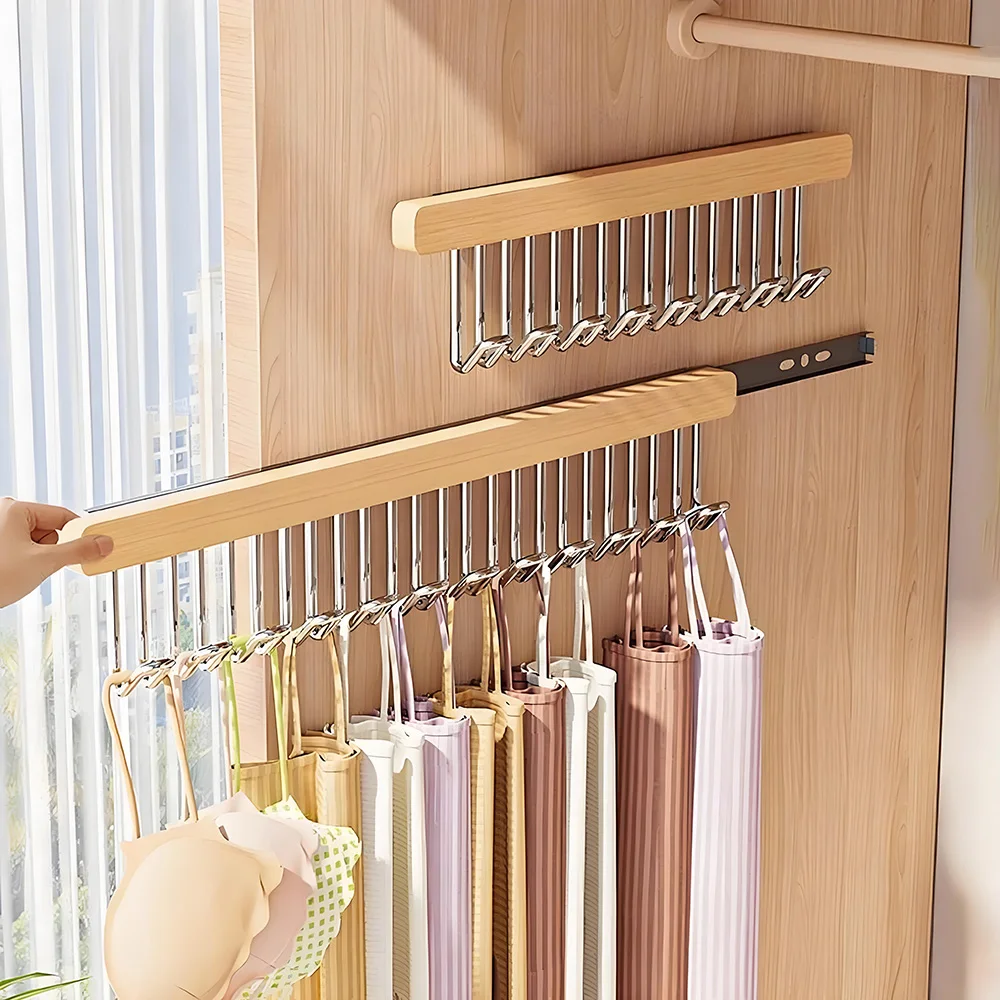 8/12 Hooks Retractable Wood Clothes Hanger Multi-functional Bra Storage Hanger Wall-mounted Wardrobe Hanger Clothes Organizer