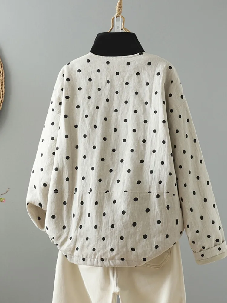 Korean Style round Neck Polka Dot Cotton Linen Jacket Lightweight Fashionable Women's Winter Coat Short Outerwear