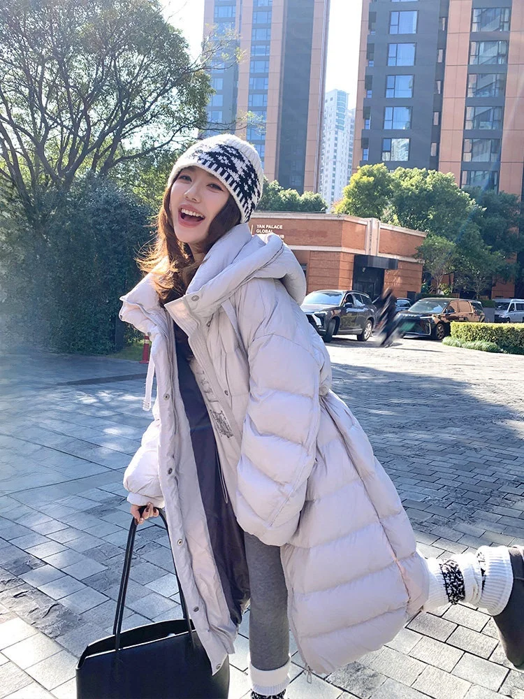 

Длинное белое пуховое пальто-пуховик 90% пух, повседневное, свободного кроя, ветрозащитное, с завышенной талией, женская модная верхняя одежда Cheeseandkisses