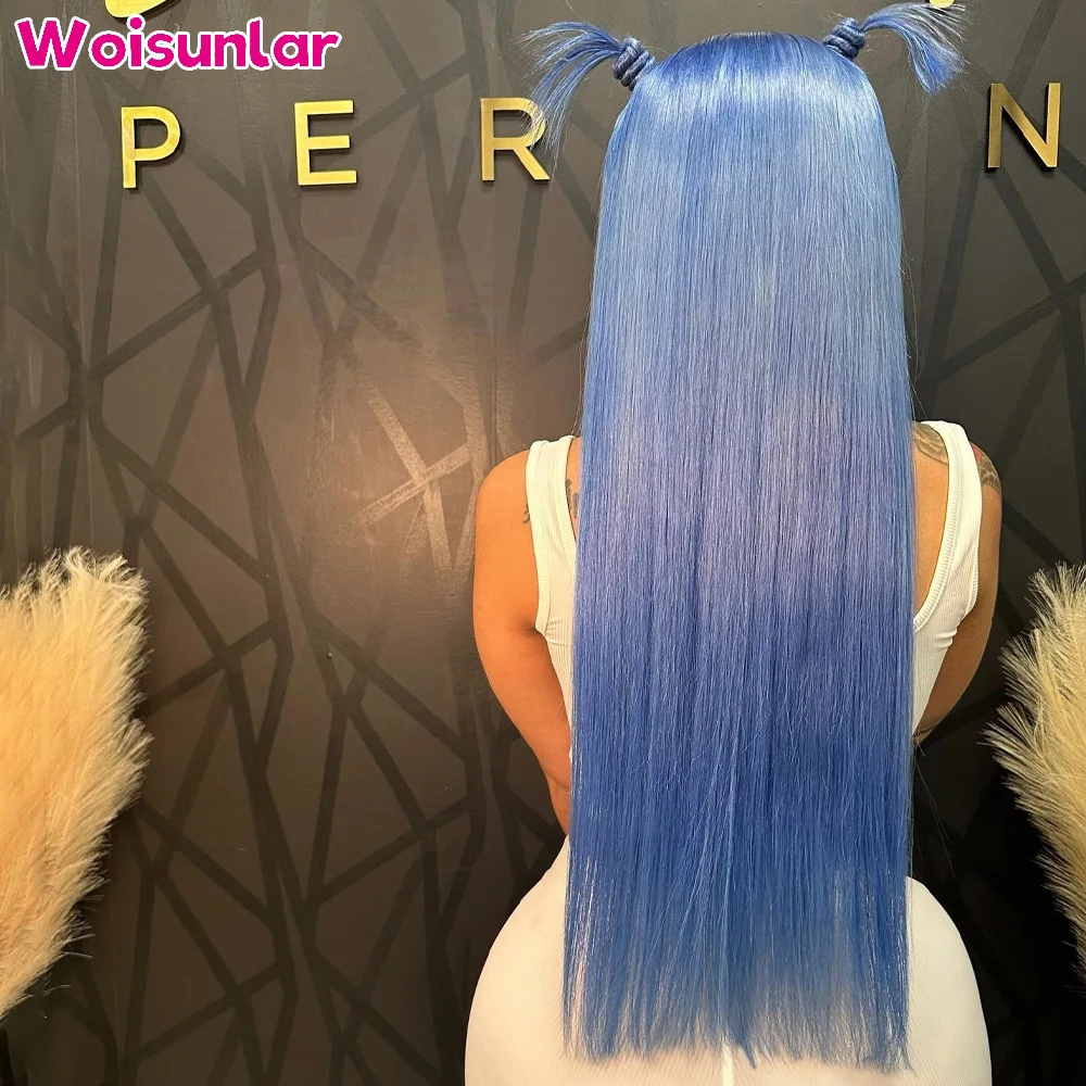 Pelucas frontales de encaje azul para mujeres, cabello humano liso, encaje transparente, densidad del 180%, 13x4, 100%