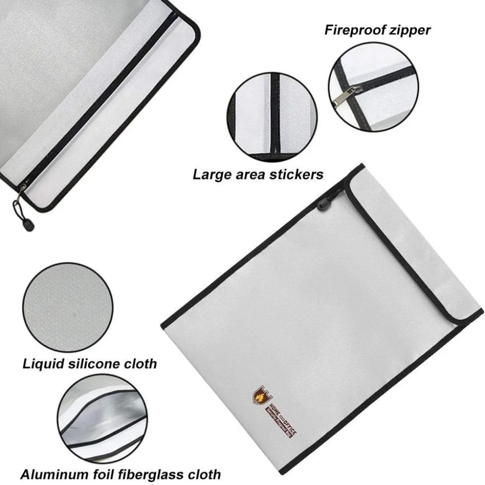 Silicone Coated Fireproof Bag Fireproof Edge Wrapping Silver Fire Resistant Pouch Fireproof Zipper Lipo Safe Bag Travel Storage