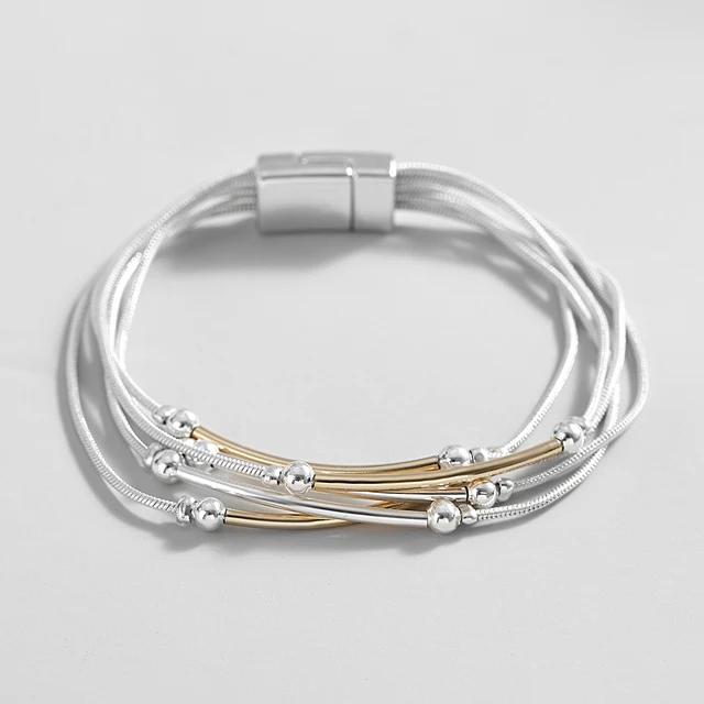 ALLYES Charm Two Tone Metal Tube Beads Bransoletka Wielowarstwowy srebrny kolor Łańcuch węża Bransoletki Bransoletki Mężczyźni Biżuteria damska Prezenty