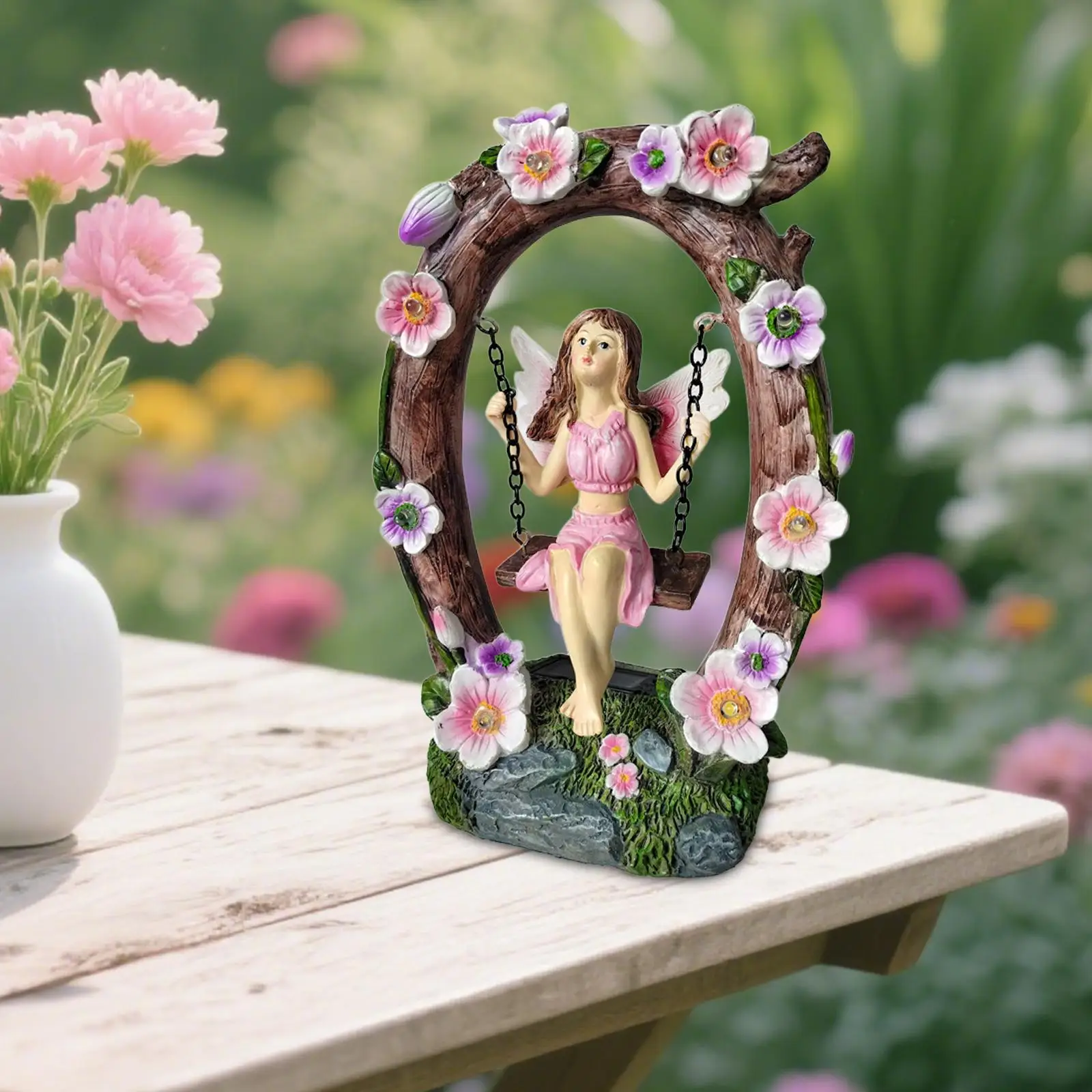 

Fairy Garden Statue with Solar Lights Housewarming Gift Lovely Ornament Decorative Light for Lawn Patio Balcony Yard Outside