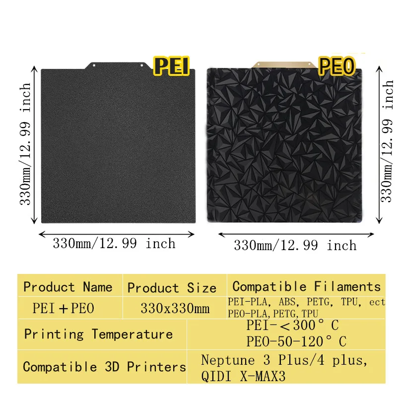 ENERGETIC Black Textured PEI+Smooth PEO Build Plate for QIDI Q1 Pro/X-Smart 3/X-PLUS/X-MAX 3 Spring Steel Sheet185/250/280/330mm