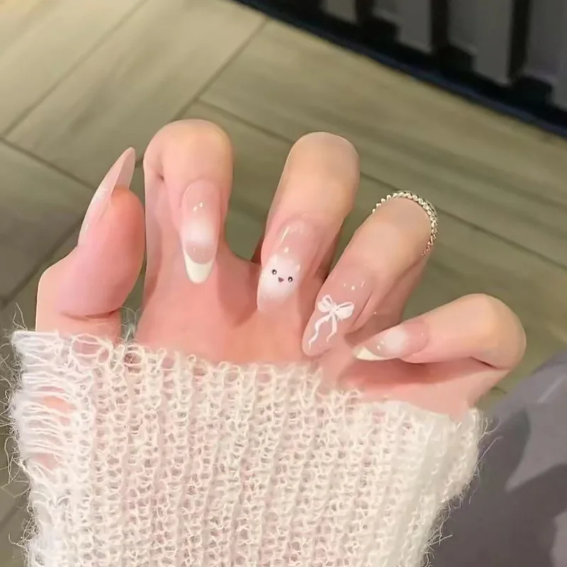 

24 Pcs Simple Cartoon Cat Fake Nails Set with Design Fashion Cute False Nails with Charms Nail Tips Removable Press on Nails Set