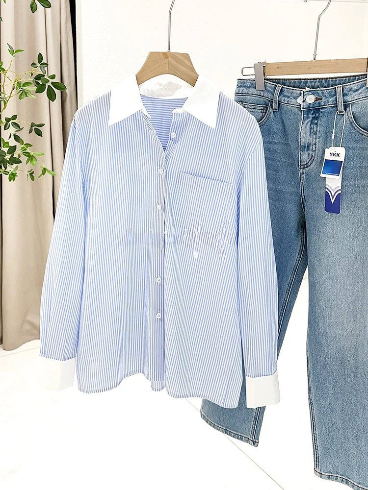 

Mimifa High-End Pure Original Color Blo Long Sve ort Length Striped irt Women's Loose Fit Breathable Skin...