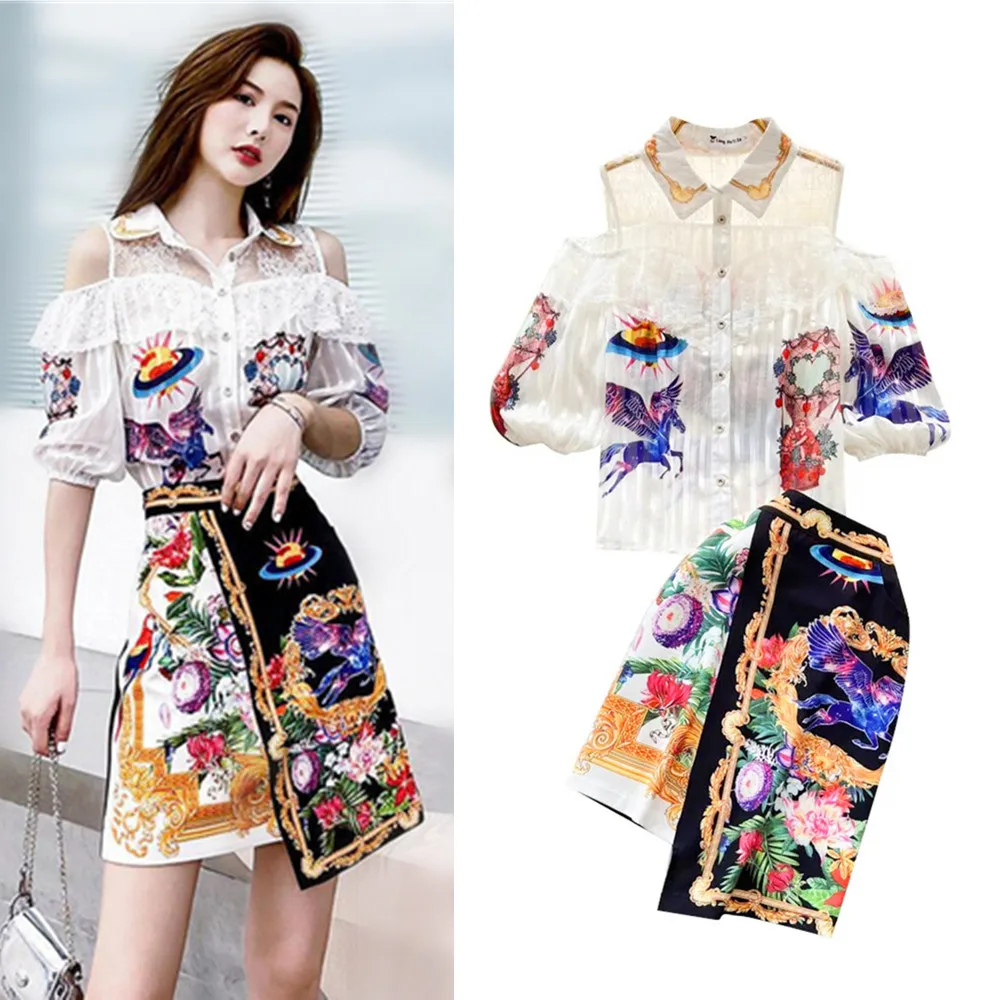 Women Spring Summer Ruffles Lace Shirts Half Sleeve Patchwork Shirts And Vintage Print Skirts Suit Party Clothing Sets NS644