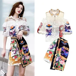 Women Spring Summer Ruffles Lace Shirts Half Sleeve Patchwork Shirts And Vintage Print Skirts Suit Party Clothing Sets NS644