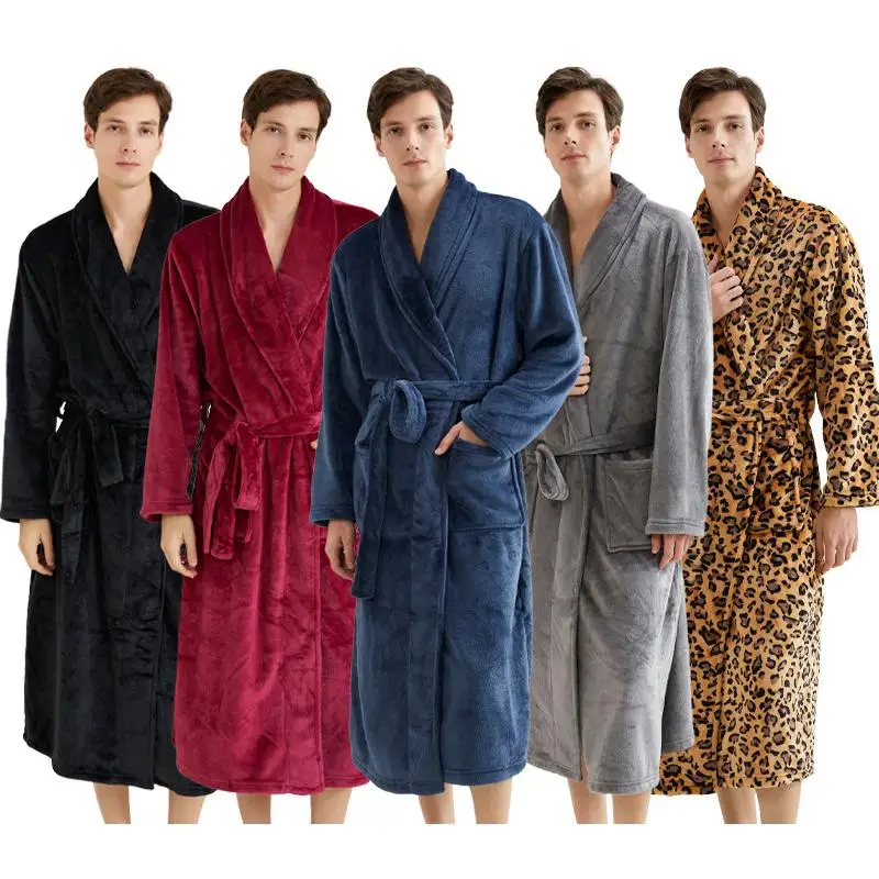 

Men's New Flannel Kimono Robe Sleepwear Solid Bathrobe Nightgown Autumn Winter Warm Lapel Home Wear Pajamas Loungewear Nightwear
