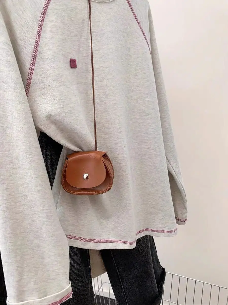 Felpa lunga Sve retrò americana color blo, vestibilità ampia, pullover rotondo Ne per donna, primavera autunno, versatile e confortevole