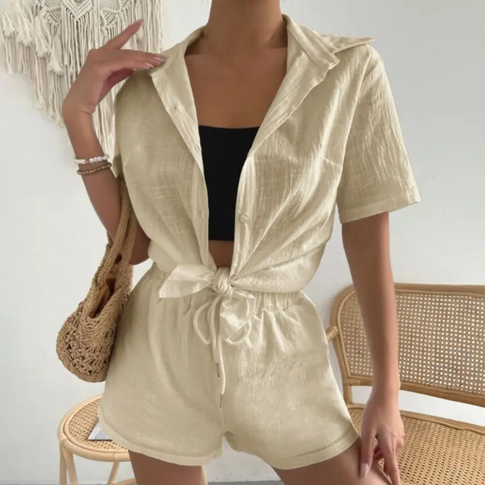 Short Sleeve Shirt Shorts Set Women's Casual Shirt Shorts Set with Elastic Drawstring Waist Wide Leg Shorts 2 Piece for Summer