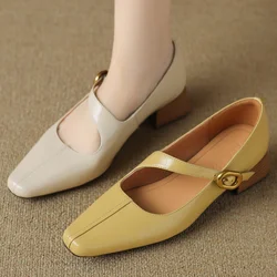2025 Spring new women's genuine leather narrow band cross strap slip-on pumps elegant ladies square toe OL style heeled shoes