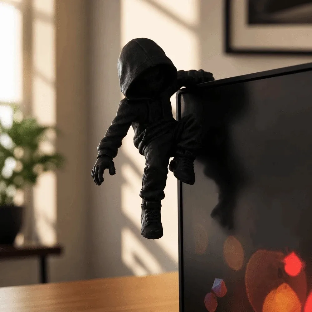 3D Printed Climbing Ninja Statue Funny Hanging Decor Hooded Man Figure Creative Monitor Top Decor Computer Screen