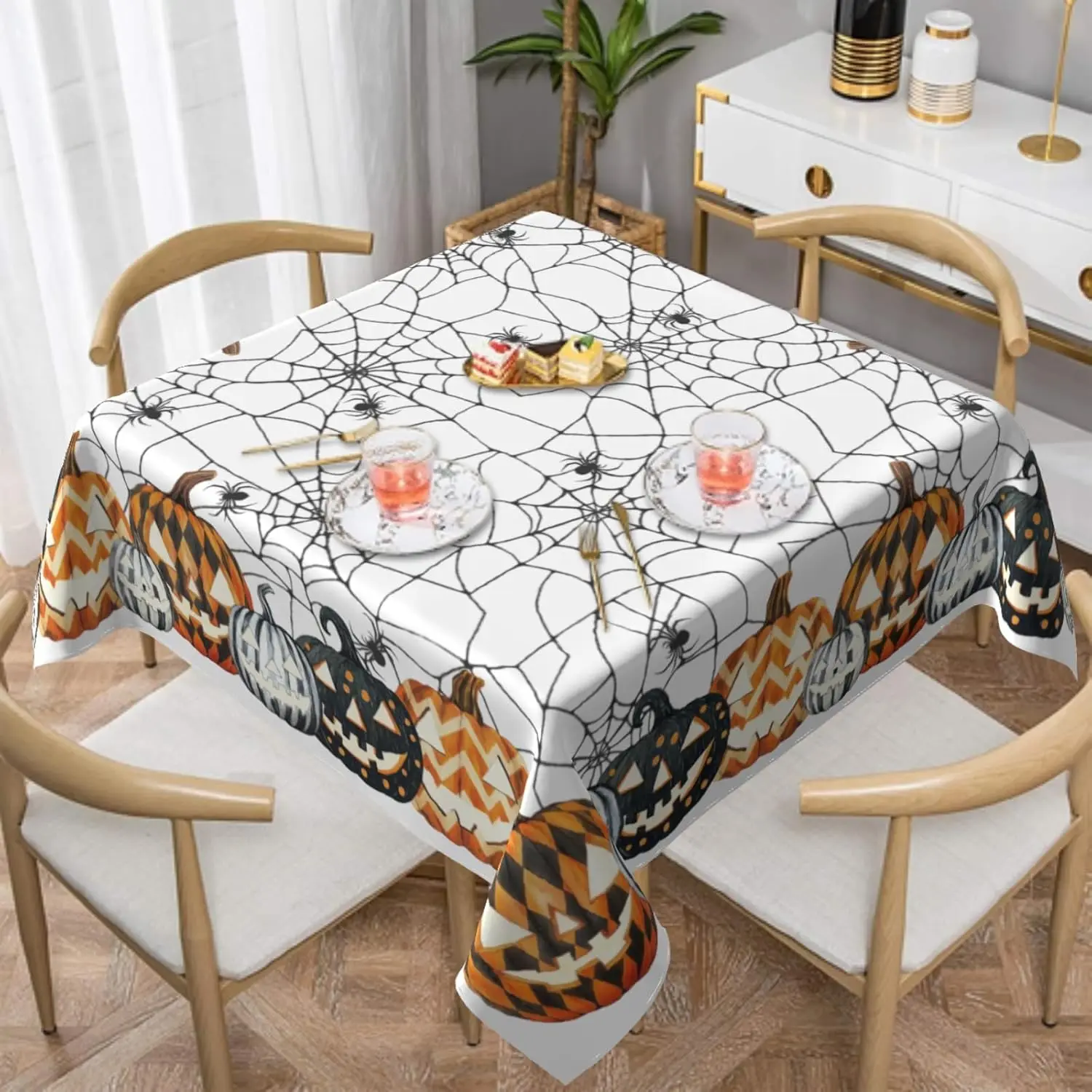 Halloween Spooky Pumpkin Spider Web Waterproof Tablecloth Tabletop Decor Washable Kitchen Dining Table Cloth Halloween Decor