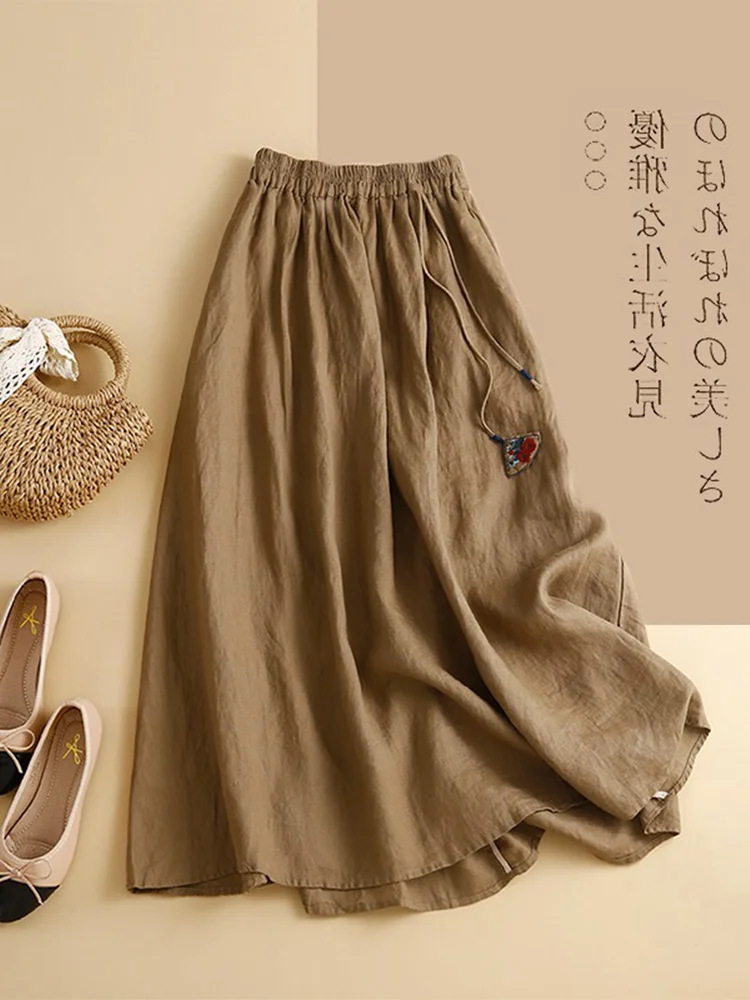 

High Waist A-Line Skirt Women's Cotton Linen Midi Skirt Vintage Sle Dstring Gored Skirt Office Commute Pure Color